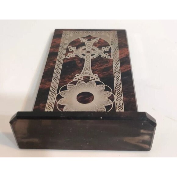 Celtic Cross Silver Print on Glass 6" Stand Mahogany Obsidian ? Alter Safe Space - Picture 4 of 13